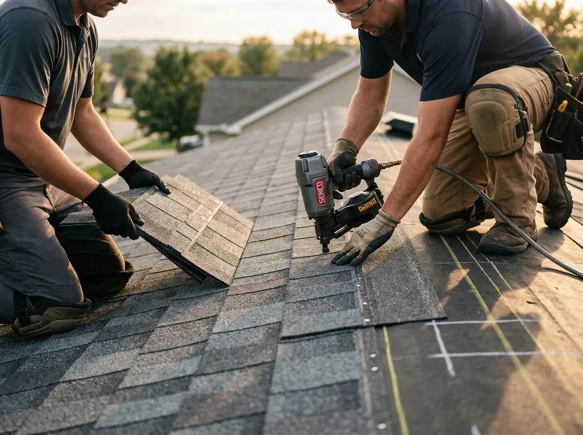 Professional roofer working on a residential roof in Moore